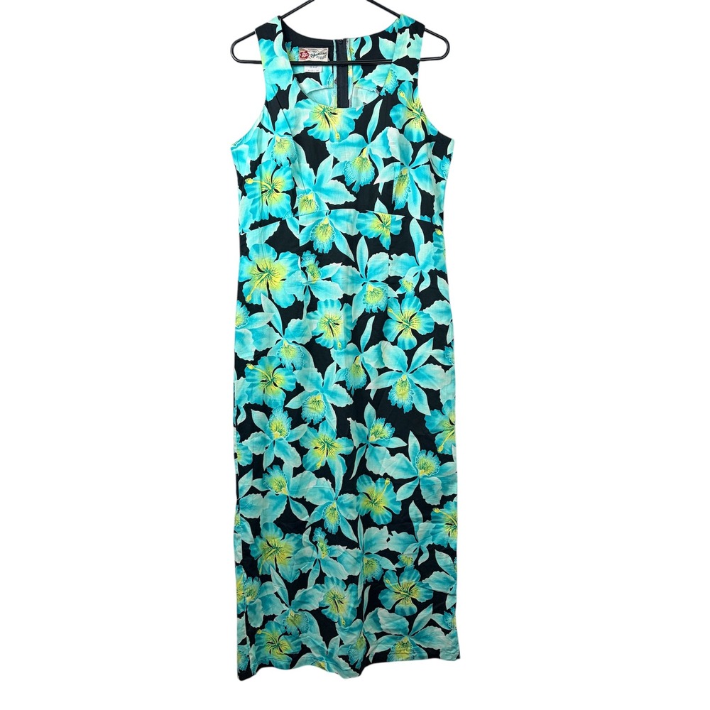Vintage Hilo Hattie Sleeveless Fitted Floral Maxi Dress Hibiscus Sz 10 Hawwaiian